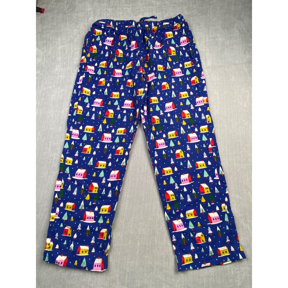 Hanna Andersson‎ Blue Flannel Pajama Pants Winter Village House Print Mens Large